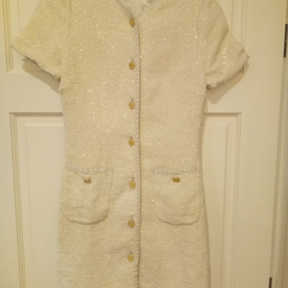 SANDRO Metallic Cotton Blend Tweed Short Sleeve Dress In Natural Ecru 36 - Picture 2 of 8